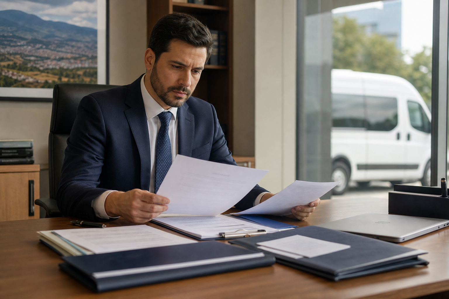 Corporate Document Review Scene in Editorial Realistic Style