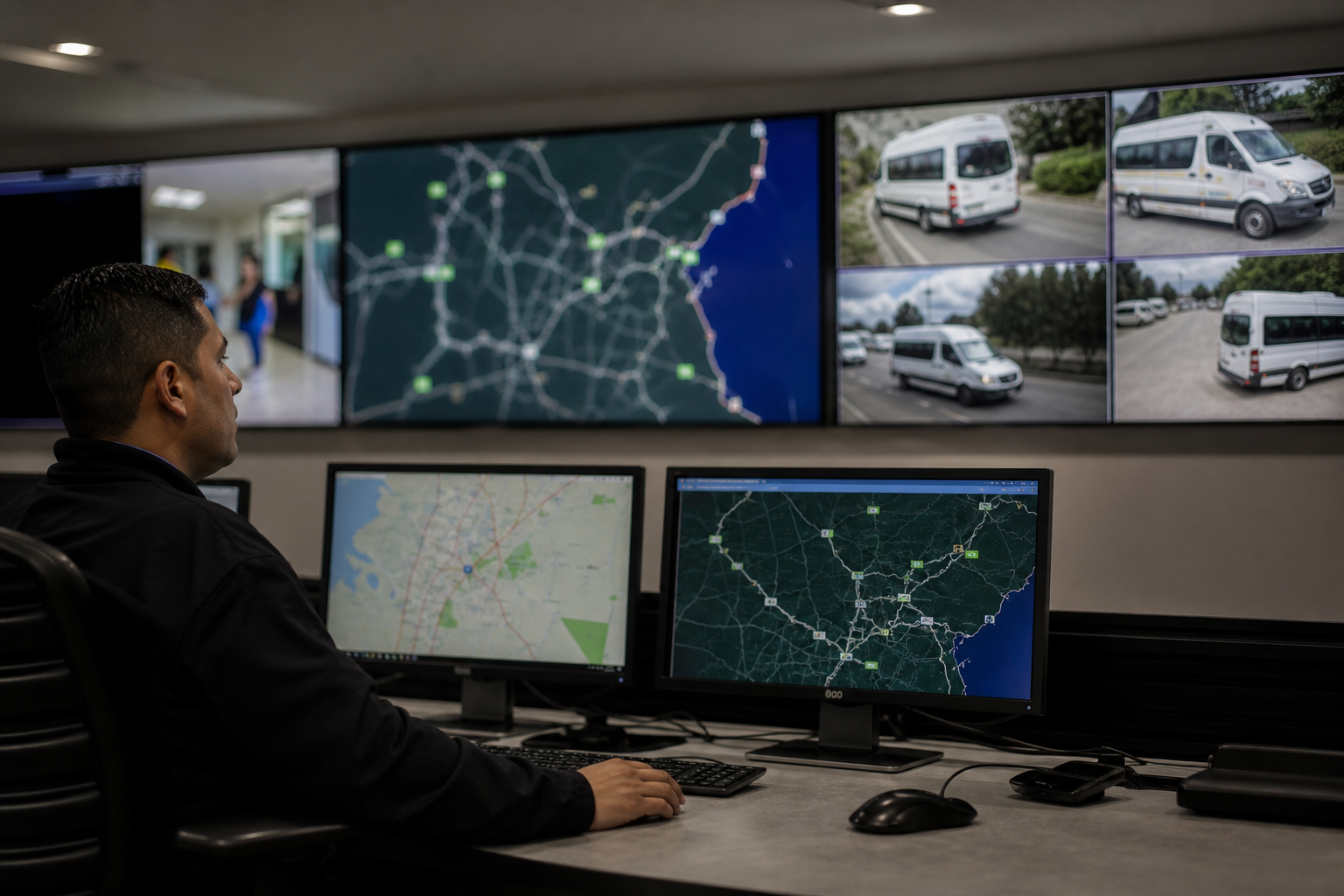 Corporate Transportation Monitoring Dashboard with White Special Vehicles in Ope